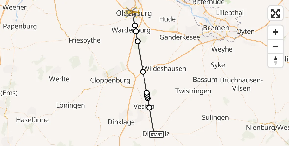 Flugroute Rettungshubschrauber Diepholz - Oldenburg (Oldb), 24 Juli 2026, 16:25