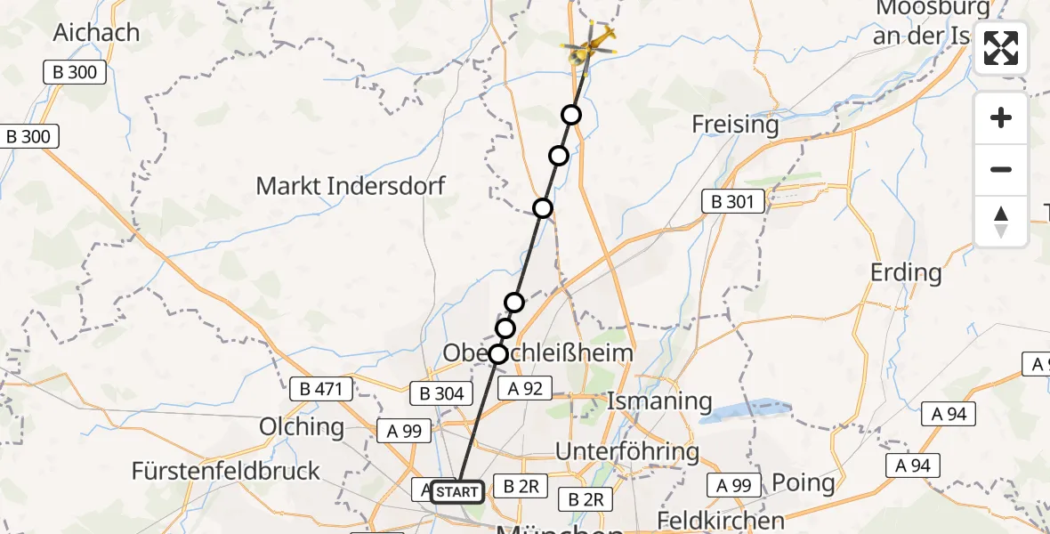 Flugroute Rettungshubschrauber München - Allershausen, 24 Juli 2026, 16:30