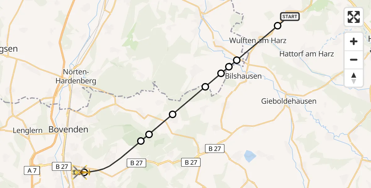 Flugroute Rettungshubschrauber Osterode am Harz - Göttingen University Clinic Hubschrauberlandeplatz, 24 Juli 2026, 16:30