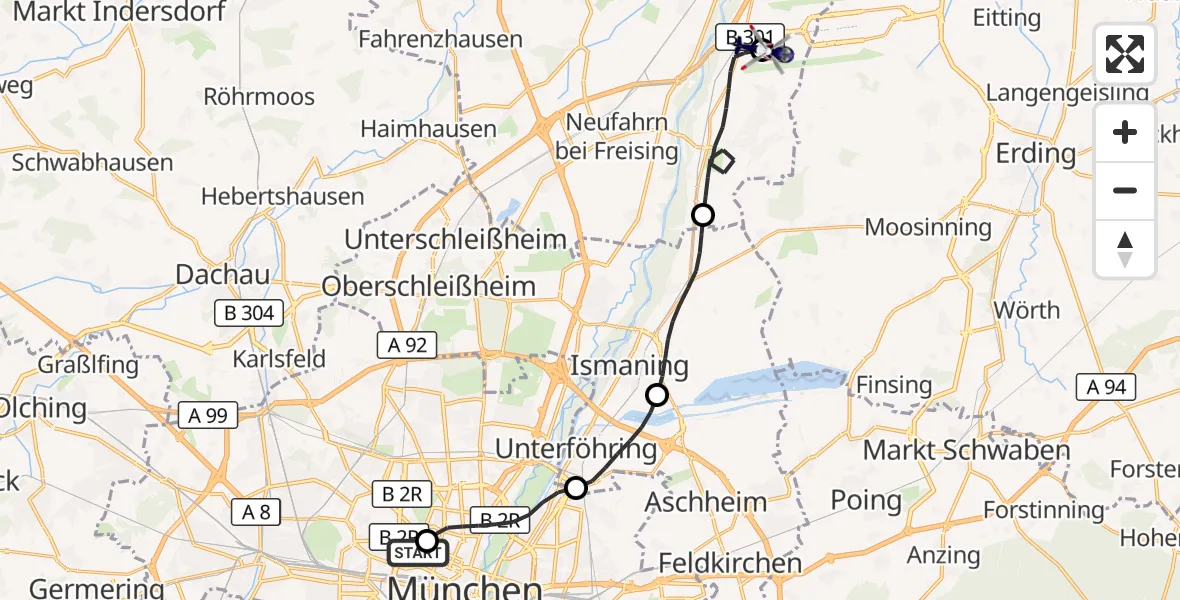 Flugroute Polizeihubschrauber Deutsches Herzzentrum München - München Flughafen, 24 Juli 2026, 16:31