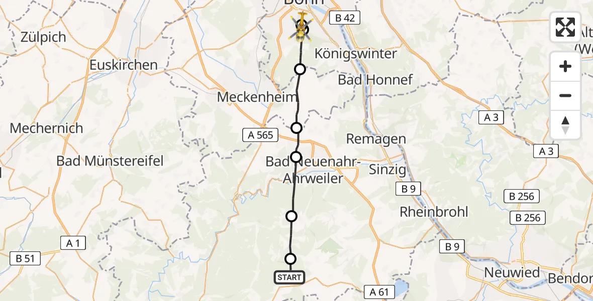 Flugroute Ambulanzhubschrauber Hohenleimbach - Bonn University Hospital Hubschrauberlandeplatz, 24 Juli 2026, 16:34