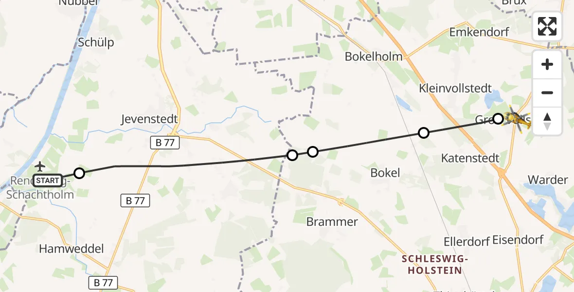 Flugroute Ambulanzhubschrauber Hörsten - Groß Vollstedt, 24 Juli 2026, 16:34
