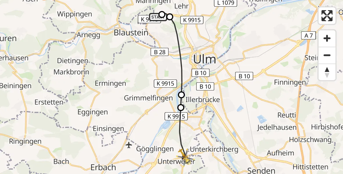 Flugroute Rettungshubschrauber Ulm Military Hospital Emergency - Ulm, 24 Juli 2026, 16:36