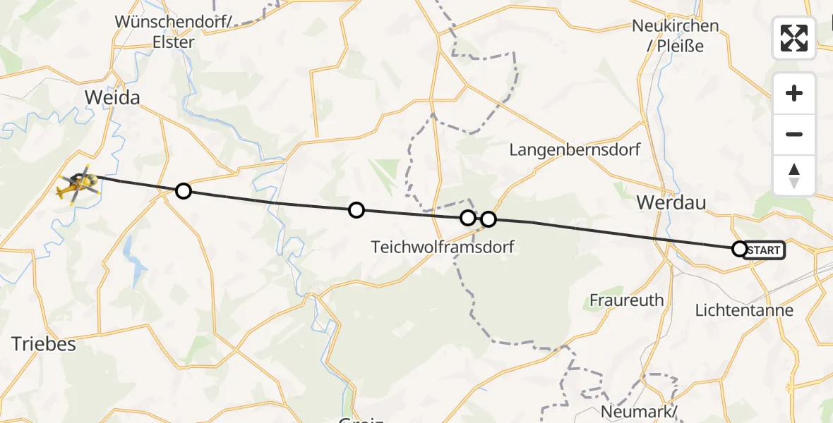Flugroute Rettungshubschrauber ADAC Air Rescue Station Zwickau Hubschrauberlandeplatz - Weida, 24 Juli 2026, 16:38
