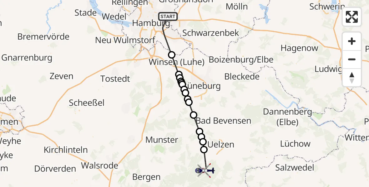 Flugroute Polizeihubschrauber Hamburg - Suderburg, 24 Juli 2026, 16:40
