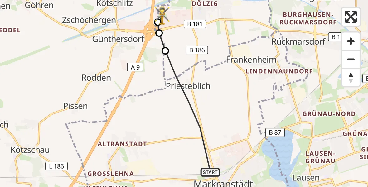 Flugroute Rettungshubschrauber Markranstädt - ADAC Air Rescue Station Leipzig/Schkeuditz-Dölzig Hubschrauberlandeplatz (Christoph 61), 24 Juli 2026, 16:44