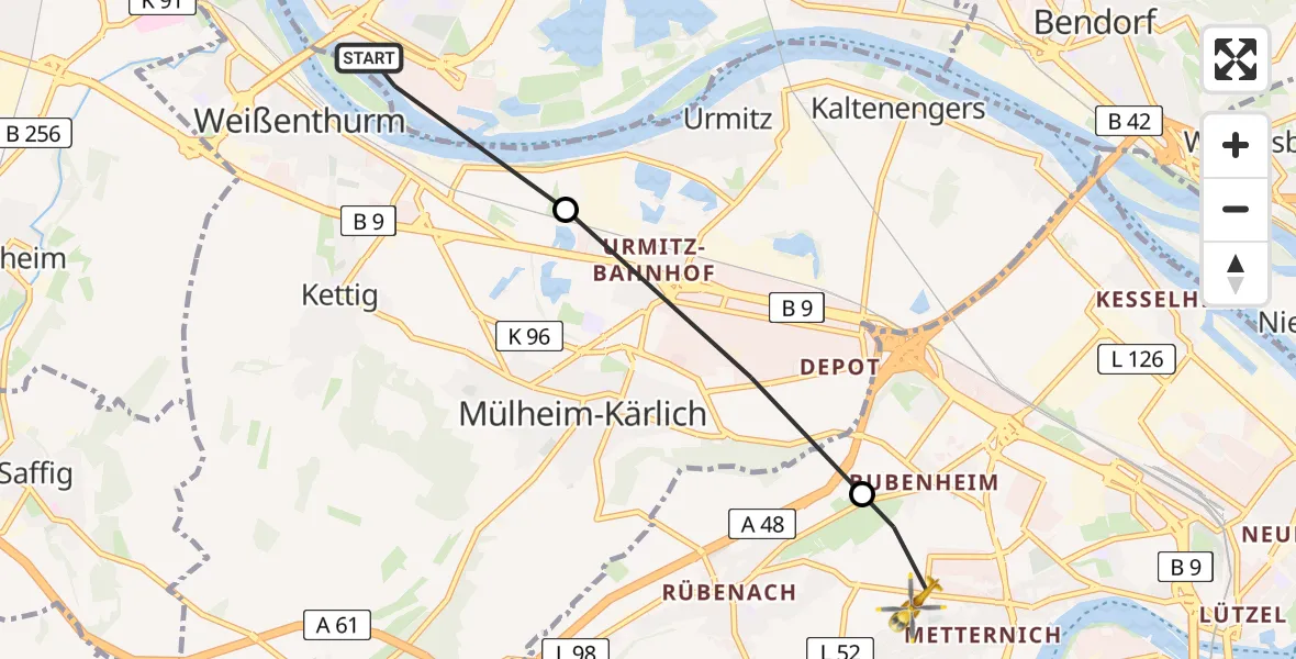 Flugroute Rettungshubschrauber Neuwied - Koblenz, 24 Juli 2026, 16:49