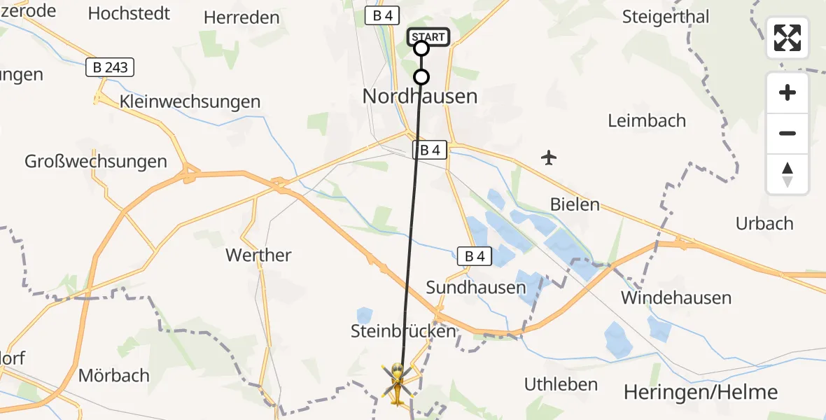 Flugroute Rettungshubschrauber Südharz Hospital Nordhausen - Nordhausen, 24 Juli 2026, 16:50