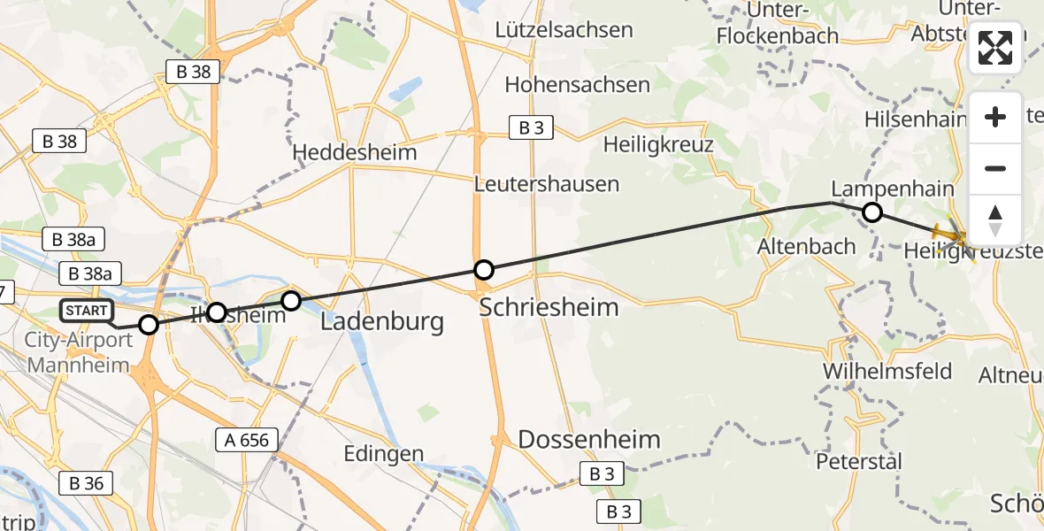 Flugroute Rettungshubschrauber Mannheim-City Flughafen - Heiligkreuzsteinach, 24 Juli 2026, 16:53