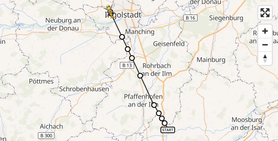Flugroute Rettungshubschrauber Allershausen - Ingolstadt Hospital, 24 Juli 2026, 16:54