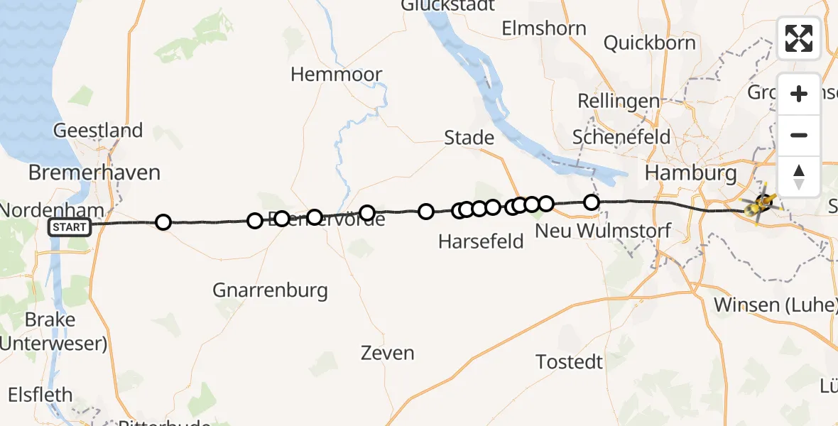 Flugroute Rettungshubschrauber Loxstedt - Christoph Hansa ADAC Hubschrauberlandeplatz, 24 Juli 2026, 16:58