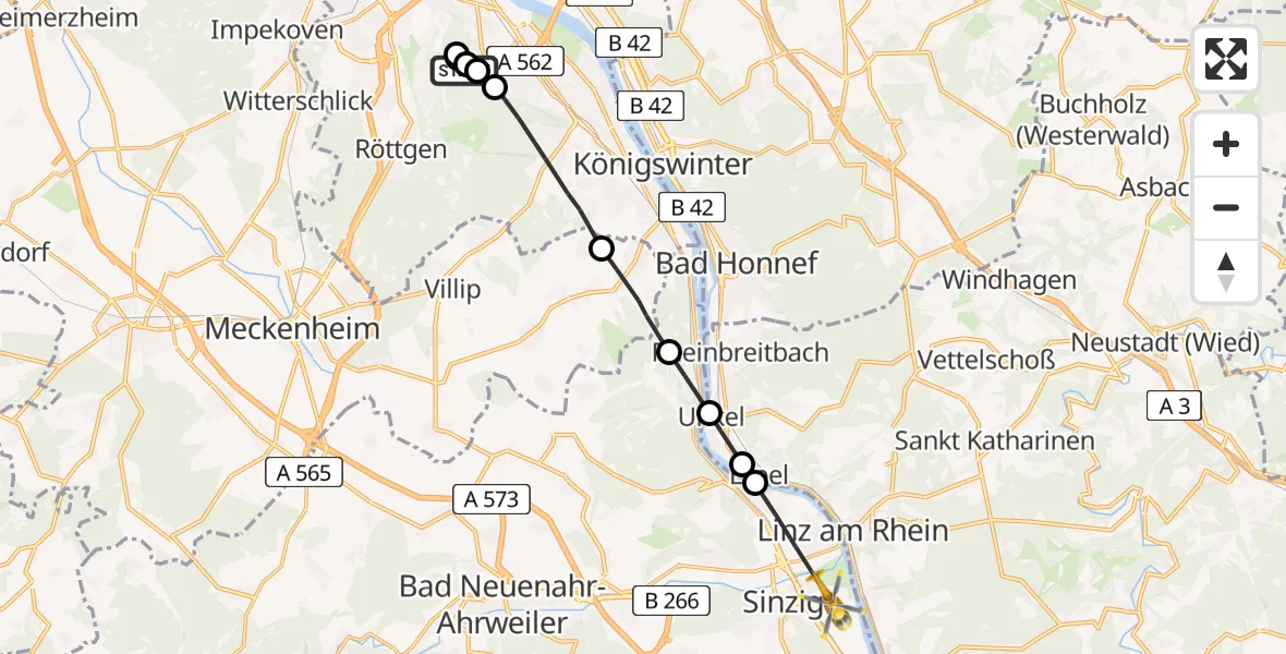 Flugroute Ambulanzhubschrauber Bonn University Hospital - Sinzig, 24 Juli 2026, 17:02