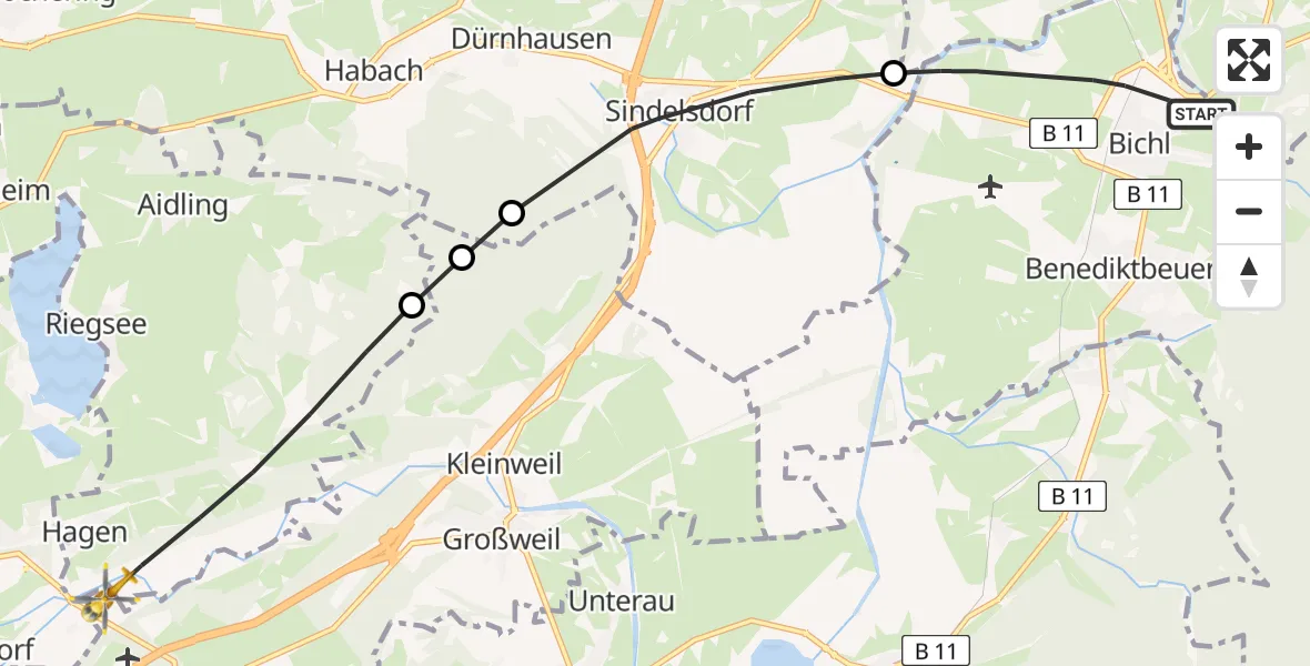 Flugroute Rettungshubschrauber Bichl - Riegsee, 24 Juli 2026, 17:03