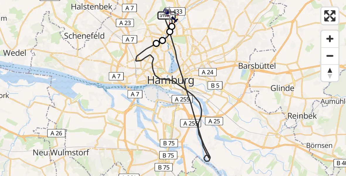Flugroute Polizeihubschrauber Hamburg Helmut Schmidt Flughafen - Hamburg Helmut Schmidt Flughafen, 24 Juli 2026, 17:07
