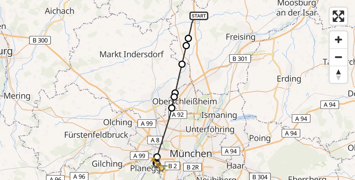 Flugroute Rettungshubschrauber Allershausen - DRF Air Rescue München Hubschrauberlandeplatz, 24 Juli 2026, 17:07
