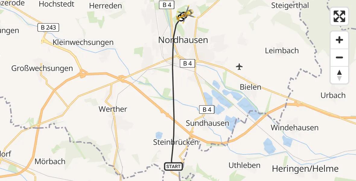 Flugroute Rettungshubschrauber Nordhausen - Südharz Hospital Nordhausen, 24 Juli 2026, 17:07