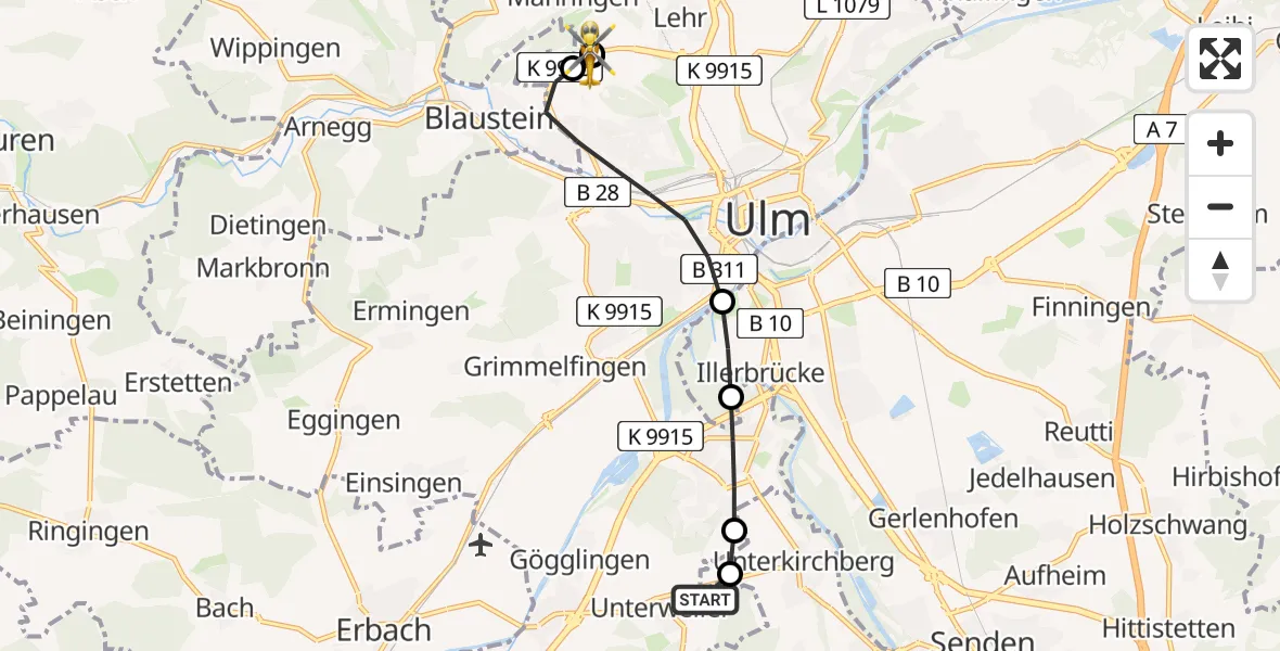 Flugroute Rettungshubschrauber Ulm - ADAC Air Rescue Station Ulm (Christoph 22), 24 Juli 2026, 17:07