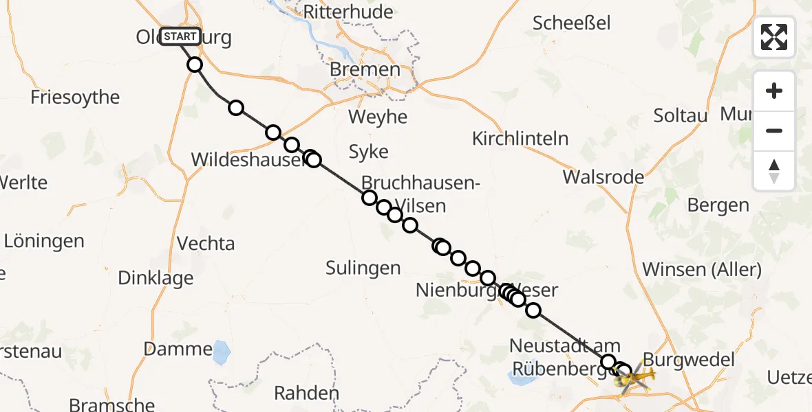 Flugroute Rettungshubschrauber Oldenburg (Oldb) - Flughafen Hannover, 24 Juli 2026, 17:10