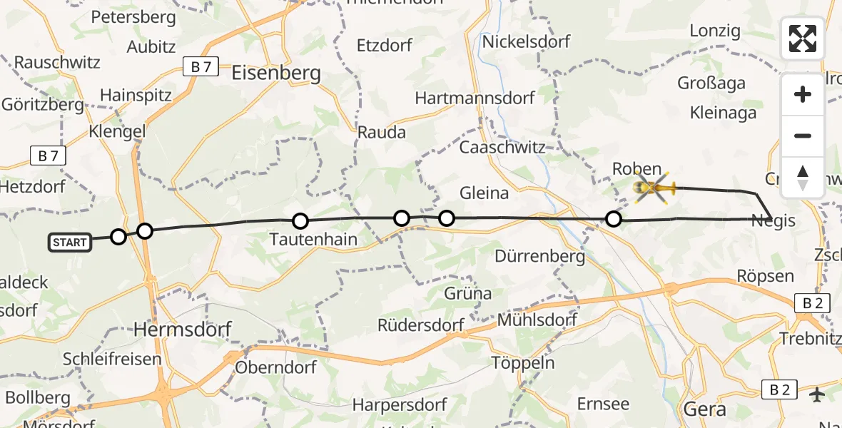 Flugroute Rettungshubschrauber Waldeck - Gera, 24 Juli 2026, 17:11