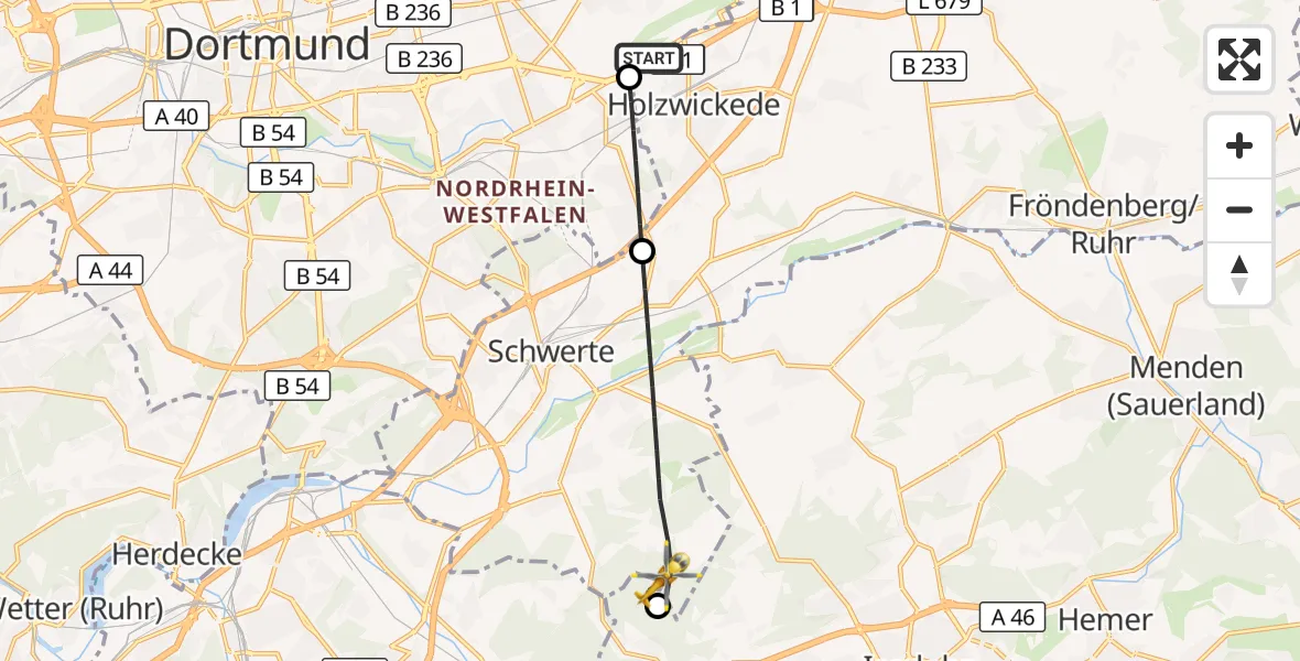Flugroute Rettungshubschrauber Dortmund Flughafen - Schwerte, 24 Juli 2026, 17:12