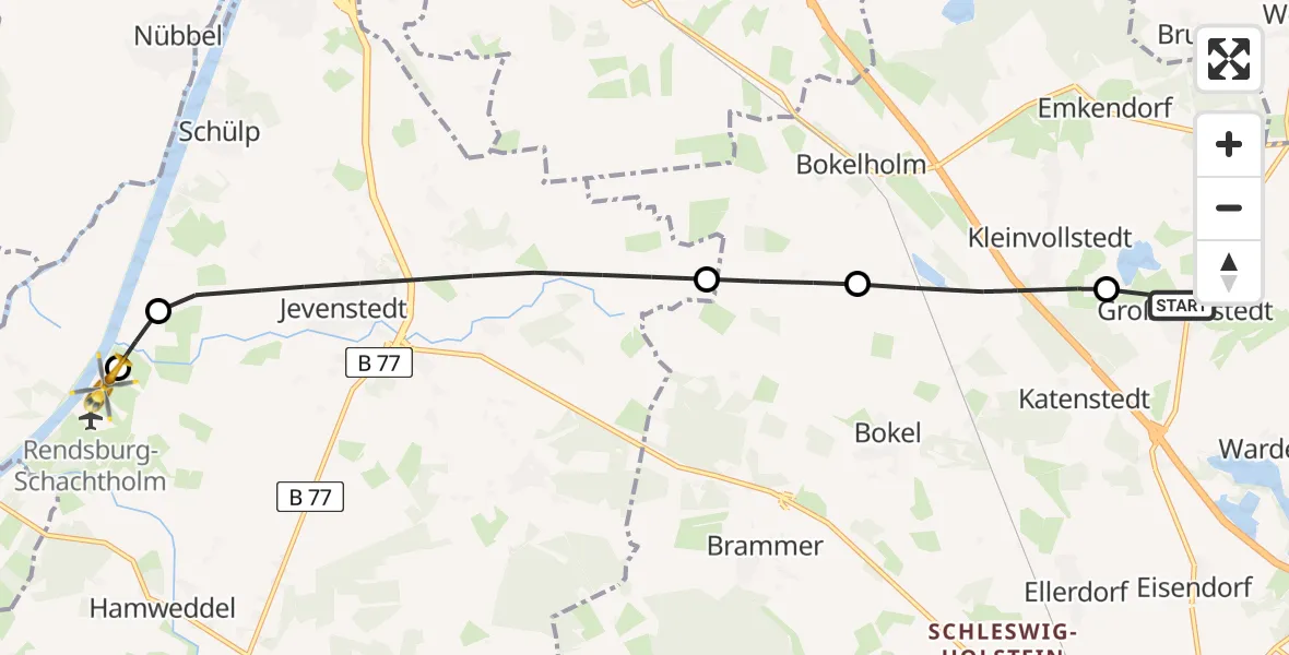 Flugroute Ambulanzhubschrauber Groß Vollstedt - Rendsburg-Schachtholm Flugplatz, 24 Juli 2026, 17:12