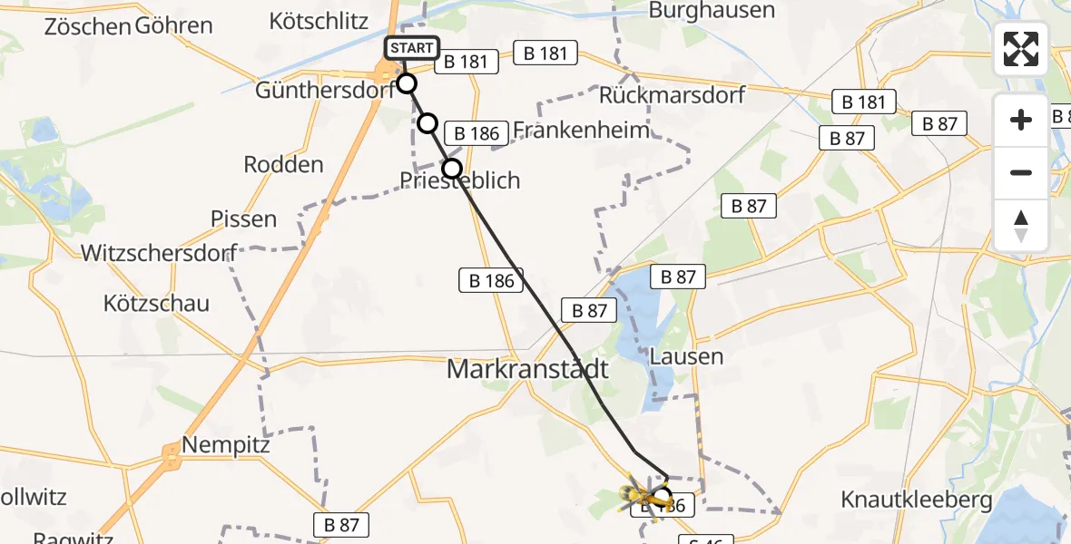 Flugroute Rettungshubschrauber ADAC Air Rescue Station Leipzig/Schkeuditz-Dölzig Hubschrauberlandeplatz (Christoph 61) - Leipzig, 24 Juli 2026, 17:17