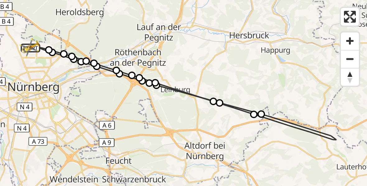 Flugroute Ambulanzhubschrauber Flughafen Nuremberg - Flughafen Nuremberg, 24 Juli 2026, 17:17