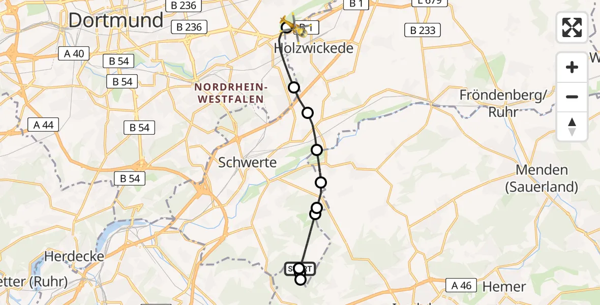 Flugroute Rettungshubschrauber Schwerte - Dortmund Flughafen, 24 Juli 2026, 17:22