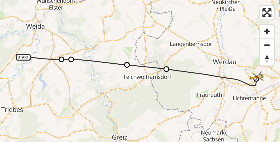 Flugroute Rettungshubschrauber Weida - ADAC Air Rescue Station Zwickau Hubschrauberlandeplatz, 24 Juli 2026, 17:25