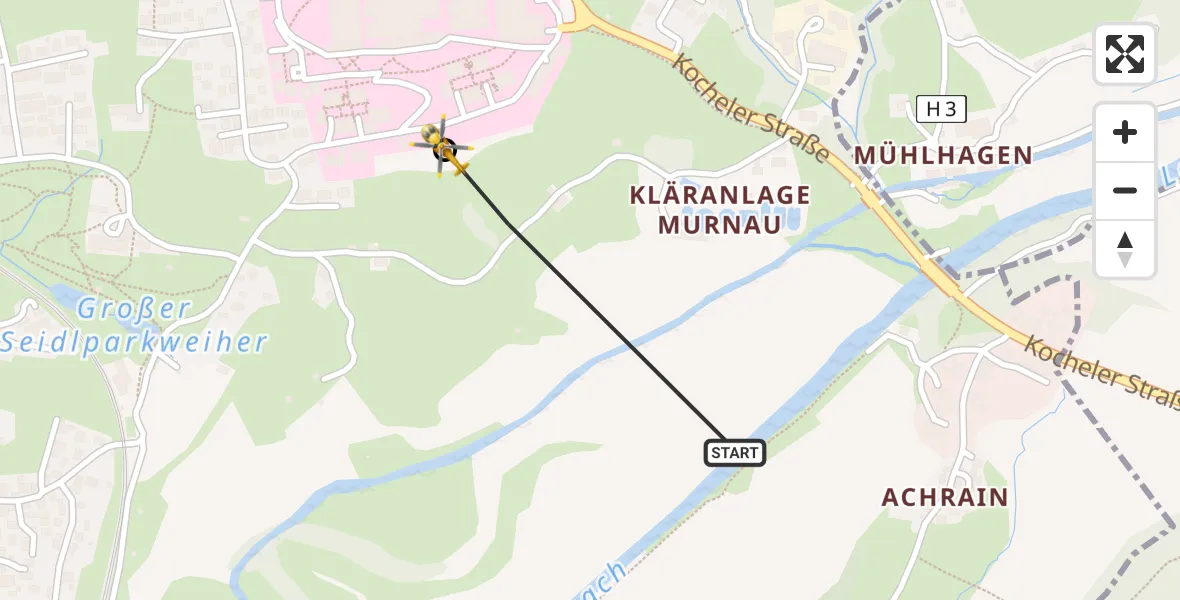Flugroute Rettungshubschrauber Murnau a.Staffelsee - Murnau Accident Hospital Hubschrauberlandeplatz, 24 Juli 2026, 17:26