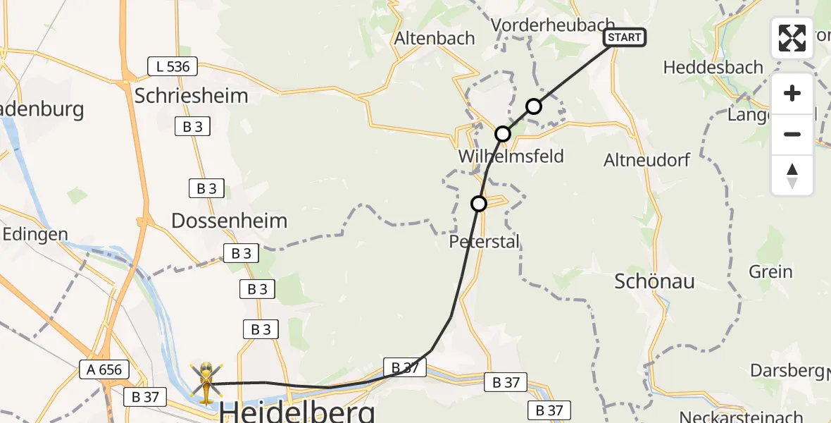 Flugroute Rettungshubschrauber Heiligkreuzsteinach - Heidelberg, 24 Juli 2026, 17:35