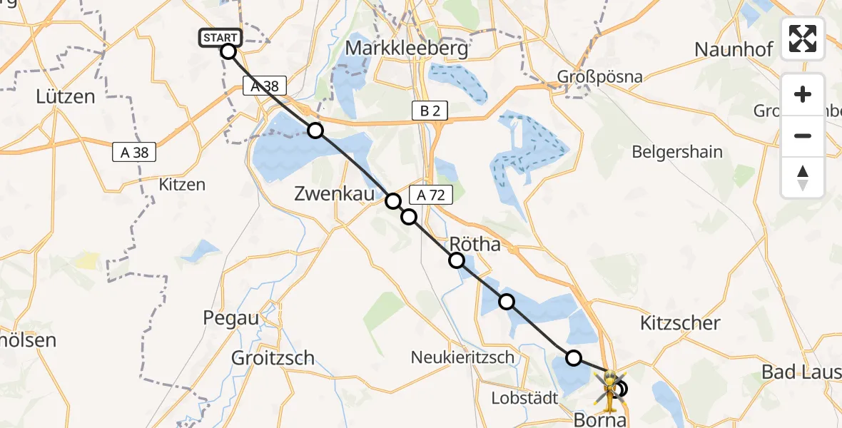 Flugroute Rettungshubschrauber Markranstädt - Sana Hospital Borna, 24 Juli 2026, 17:37