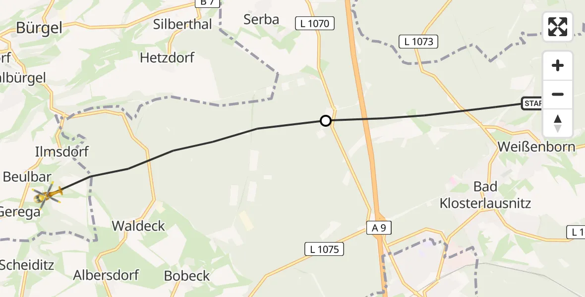 Flugroute Rettungshubschrauber Weißenborn - Bürgel, 24 Juli 2026, 17:47