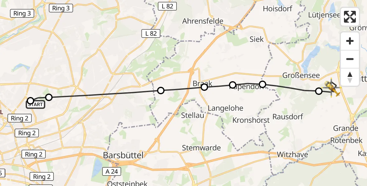 Flugroute Rettungshubschrauber Hamburg Military Hospital - Trittau, 24 Juli 2026, 17:47