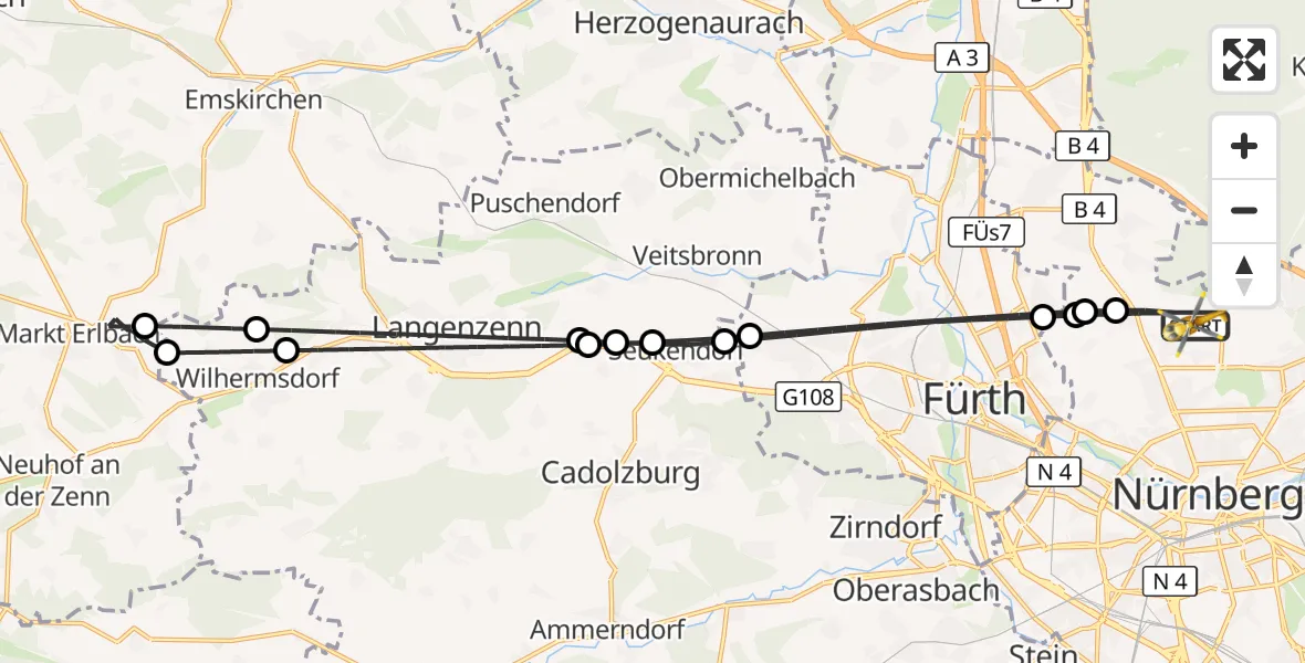 Flugroute Ambulanzhubschrauber Flughafen Nuremberg - Flughafen Nuremberg, 24 Juli 2026, 17:51