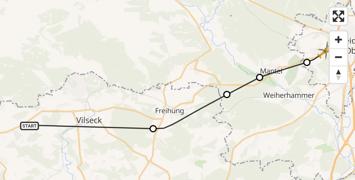 Flugroute Ambulanzhubschrauber Vilseck - Weiden i.d.OPf., 24 Juli 2026, 18:05
