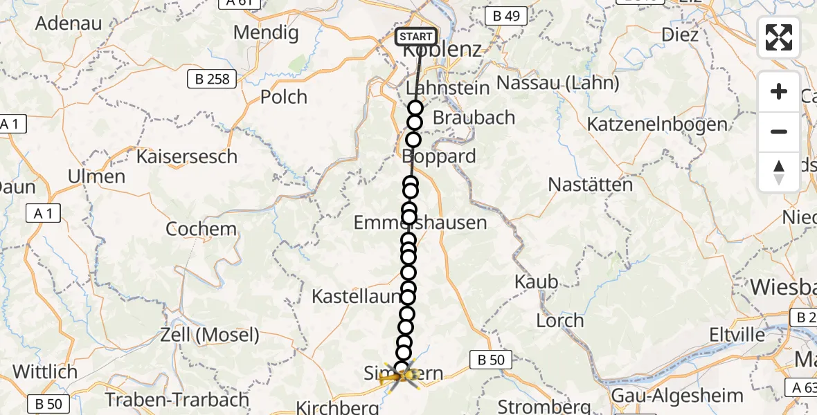 Flugroute Rettungshubschrauber Koblenz - Simmern/Hunsrück, 24 Juli 2026, 18:05