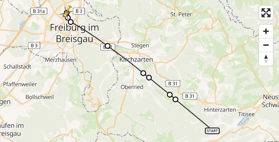 Flugroute Ambulanzhubschrauber Hinterzarten - Freiburg im Breisgau Flugplatz, 24 Juli 2026, 18:05