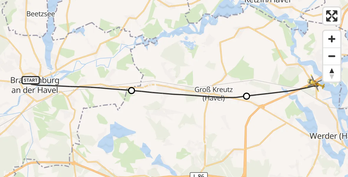 Flugroute Rettungshubschrauber Brandenburg an der Havel - Werder (Havel), 24 Juli 2026, 18:06