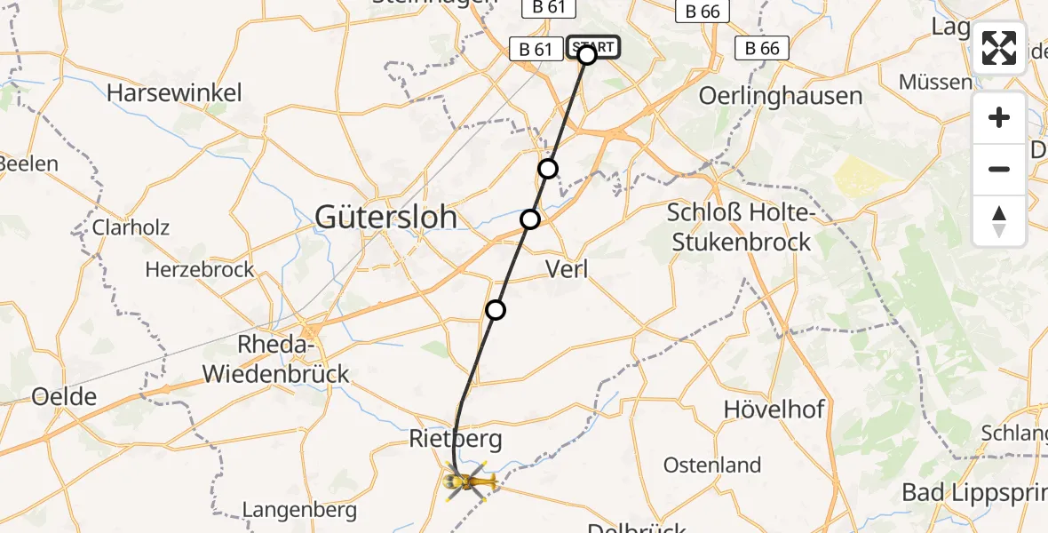 Flugroute Rettungshubschrauber Luftrettungszentrum Bielefeld - Rietberg, 24 Juli 2026, 18:20