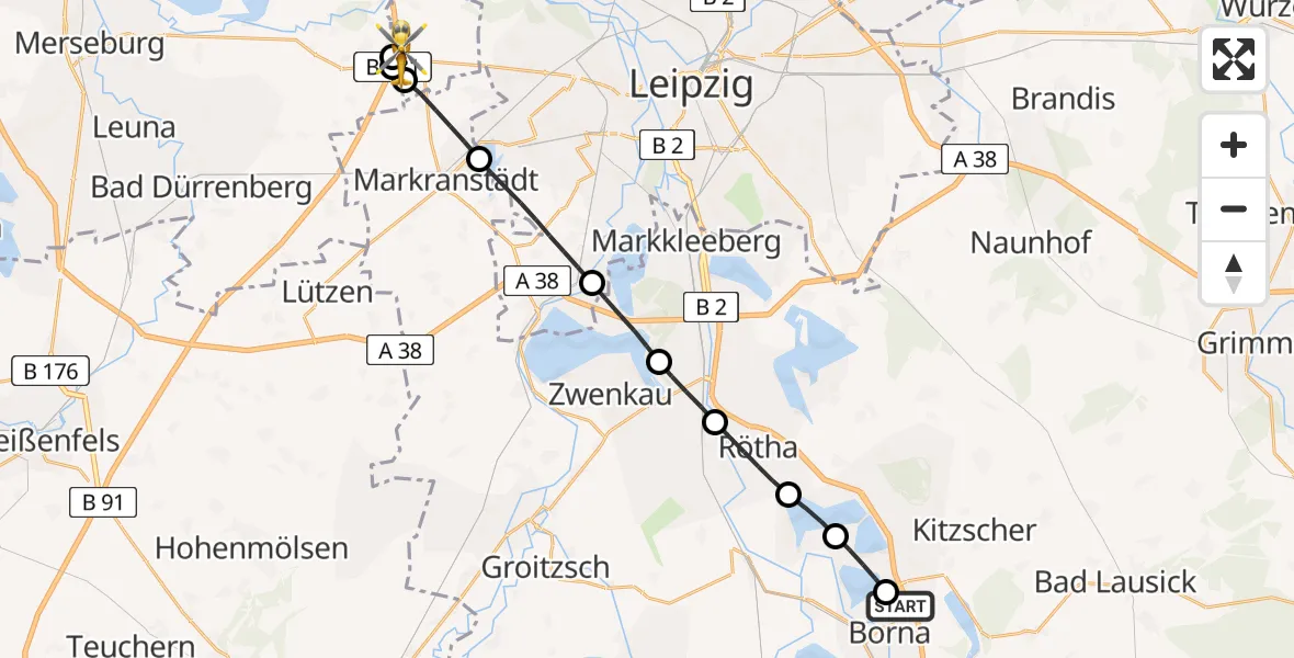 Flugroute Rettungshubschrauber Sana Hospital Borna - ADAC Air Rescue Station Leipzig/Schkeuditz-Dölzig Hubschrauberlandeplatz (Christoph 61), 24 Juli 2026, 18:20
