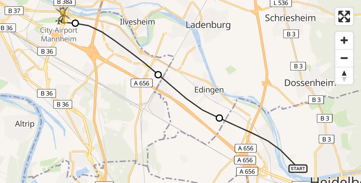 Flugroute Rettungshubschrauber Heidelberg - Mannheim-City Flughafen, 24 Juli 2026, 18:20