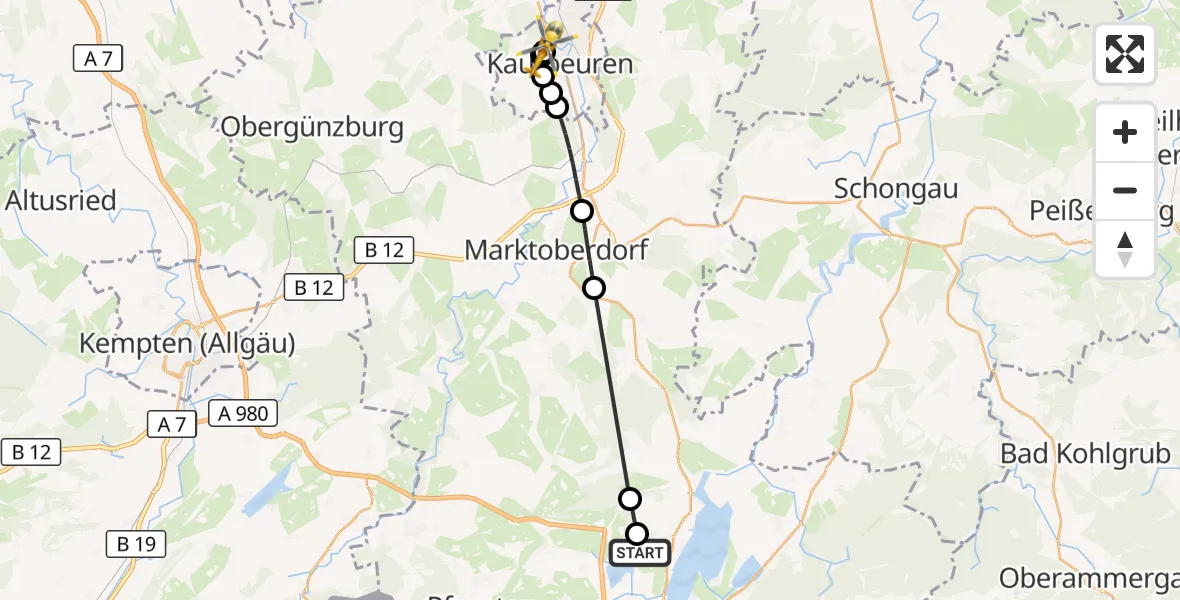 Flugroute Rettungshubschrauber Füssen - Ostallgäu-Kaufbeuren Hospital, 24 Juli 2026, 18:23