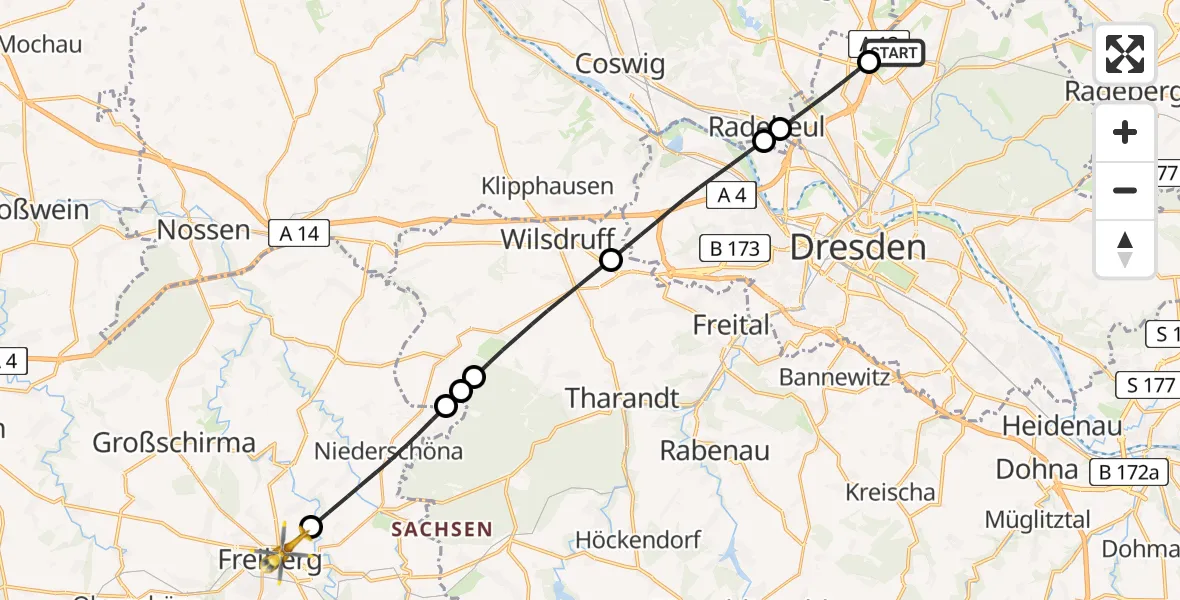 Flugroute Rettungshubschrauber Dresden Flughafen - Freiberg, 24 Juli 2026, 18:23