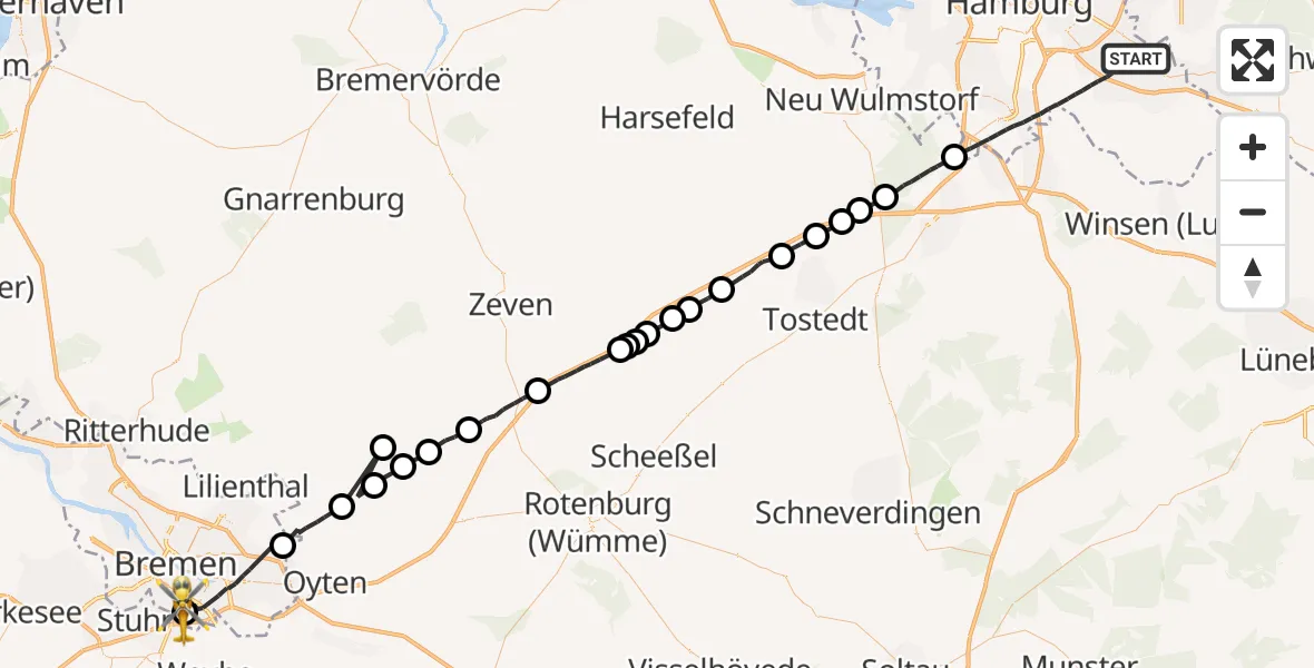 Flugroute Rettungshubschrauber Hamburg - ADAC Air Rescue Station Bremen Hubschrauberlandeplatz (Christoph 6), 24 Juli 2026, 18:24