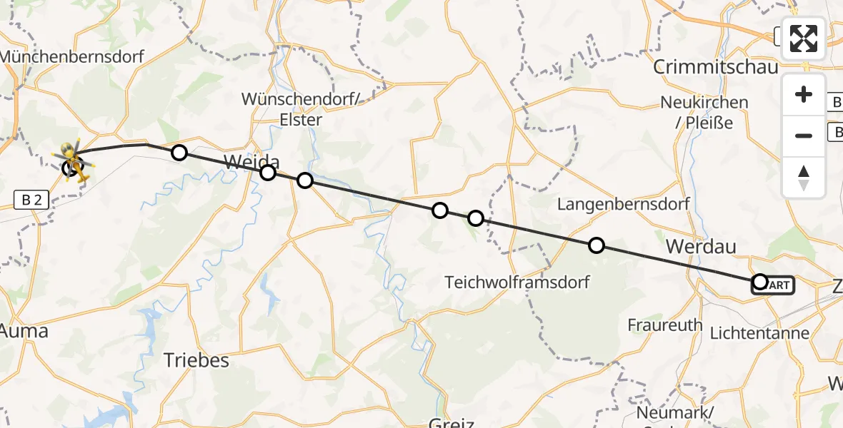 Flugroute Rettungshubschrauber ADAC Air Rescue Station Zwickau Hubschrauberlandeplatz - Harth-Pöllnitz, 24 Juli 2026, 18:28