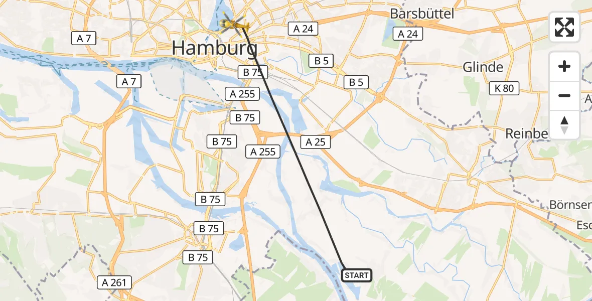 Flugroute Ambulanzhubschrauber Hamburg - Hamburg, 24 Juli 2026, 18:32