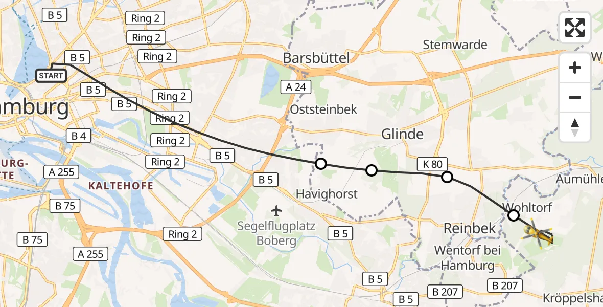 Flugroute Ambulanzhubschrauber Hamburg - Wohltorf, 24 Juli 2026, 18:44
