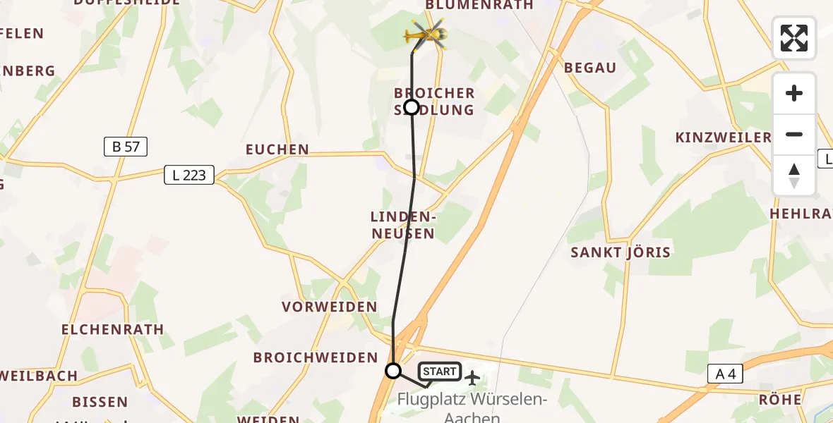Flugroute Rettungshubschrauber Aachen-Merzbrück Flughafen - Alsdorf, 24 Juli 2026, 18:52