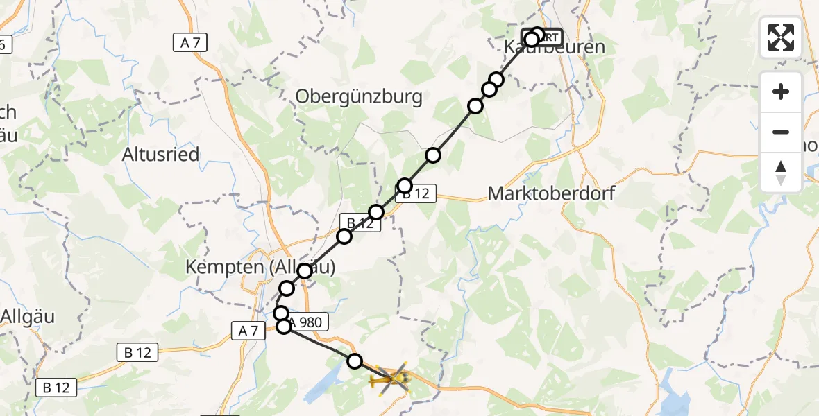 Flugroute Rettungshubschrauber Ostallgäu-Kaufbeuren Hospital - Oy-Mittelberg, 24 Juli 2026, 18:55
